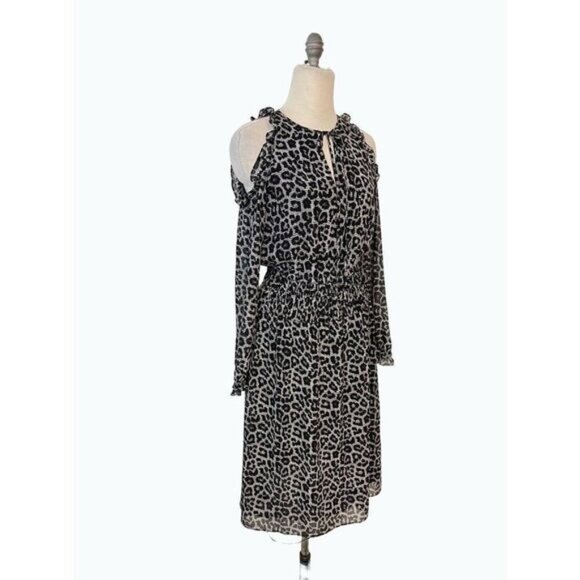 Michael Kors Cold Shoulder Gray Black Leopard Print Dress Small - Picture 2 of 5